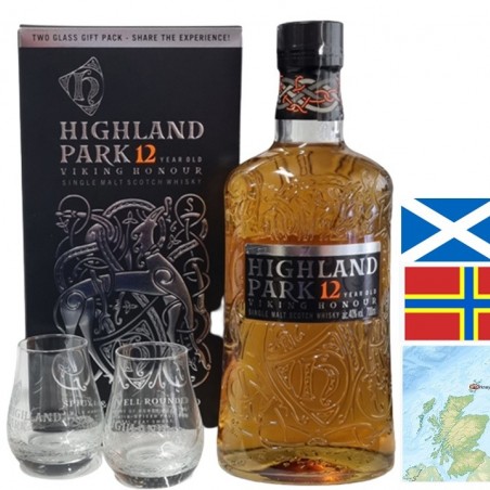 HIGHLAND PARK 12 ANS SINGLE MALT  COFFRET 2 VERRES 70  CL