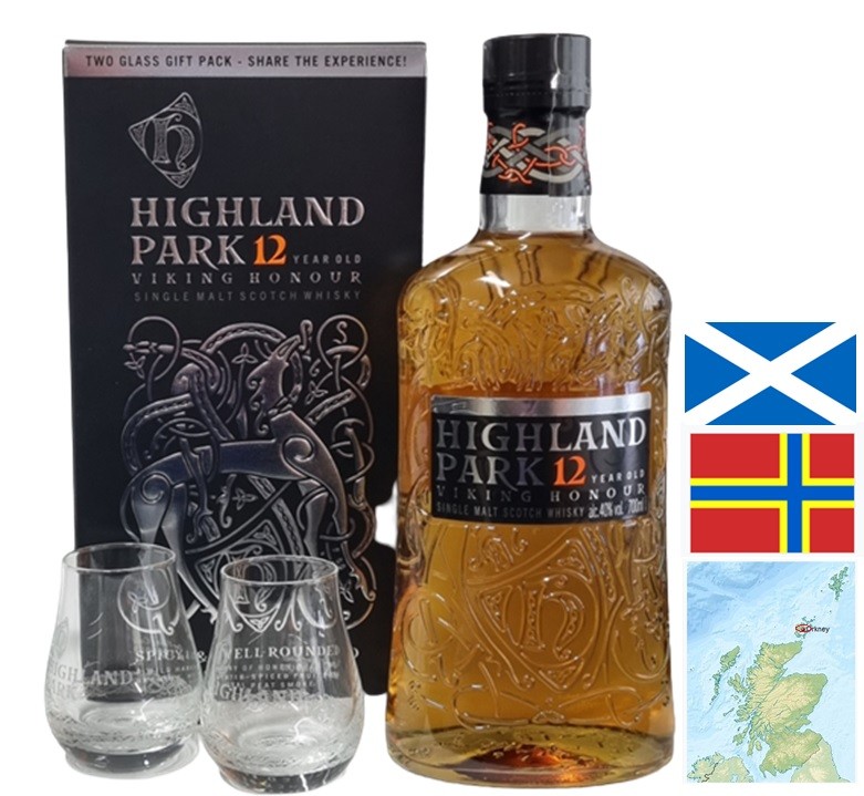 HIGHLAND PARK 12 ANS SINGLE MALT  COFFRET 2 VERRES 70  CL